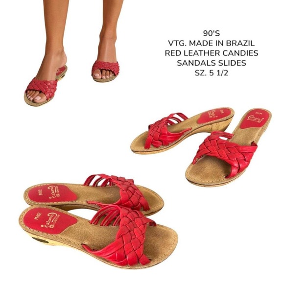 Candie's Shoes - 90's vtg. CANDIES RED LEATHER WEDGE SANDALS‎ MADE IN BRAZIL SZ. 5.5
